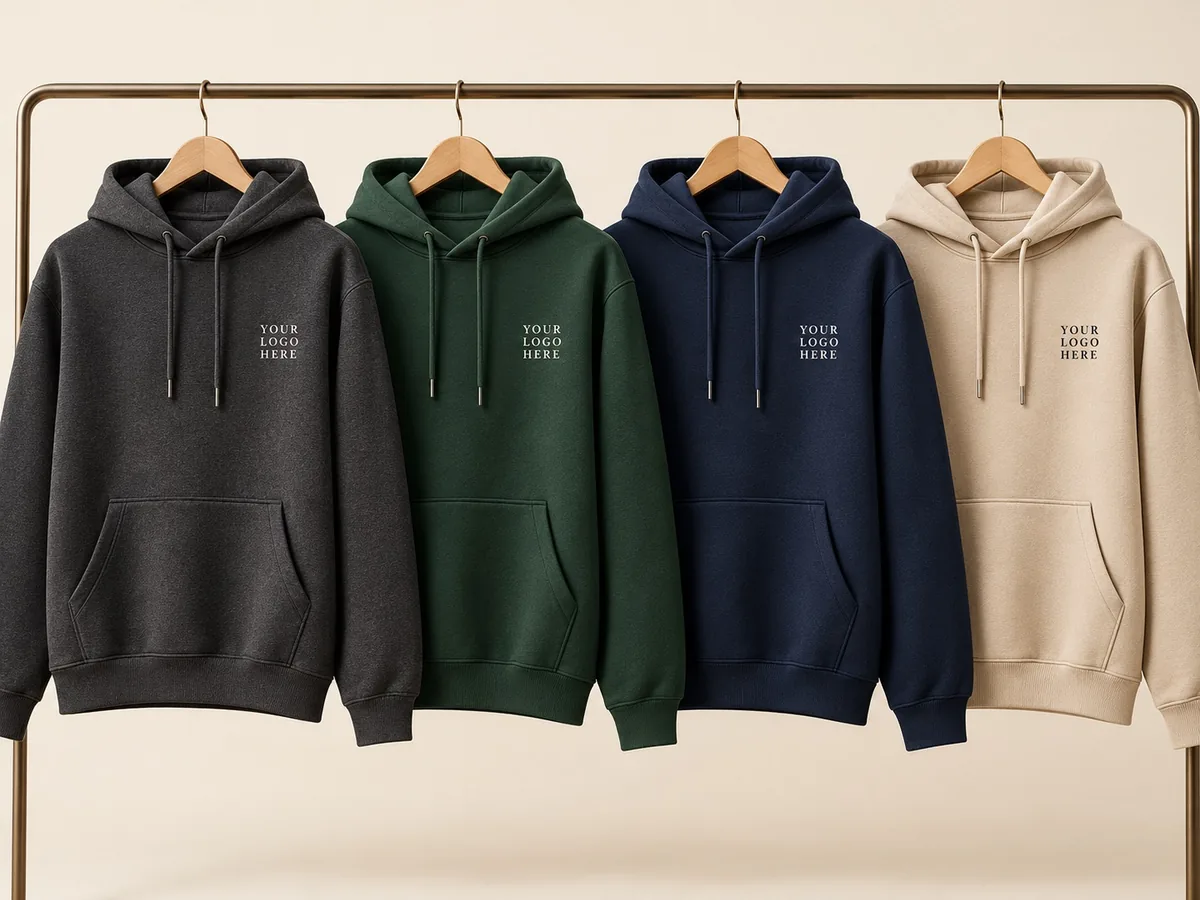 Hoodies in charcoal, forest green, navy and sand