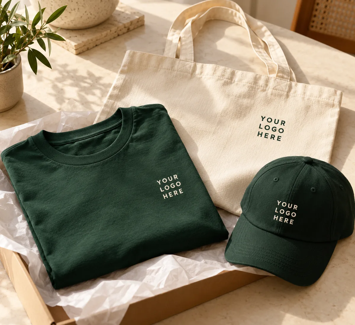 Kit with logo on tee, tote and cap