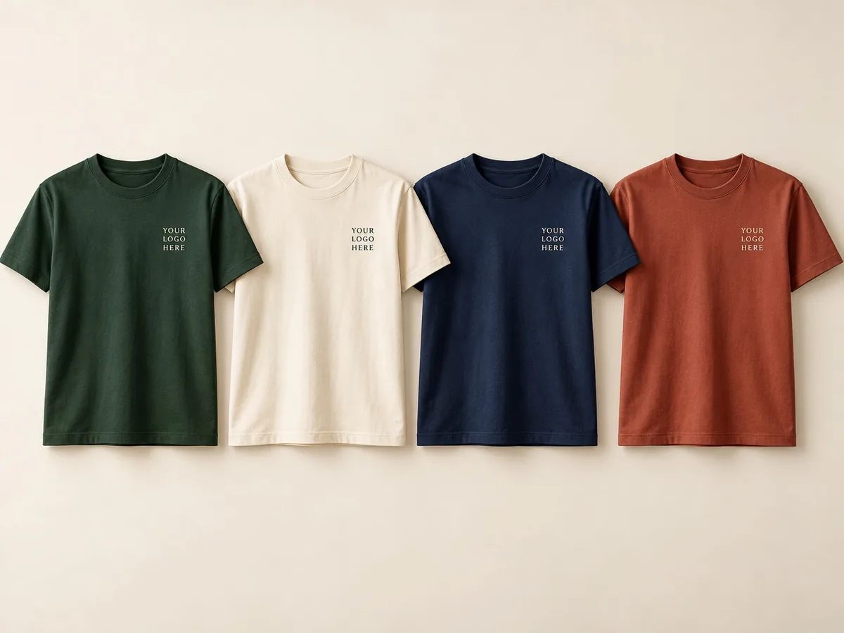 Crew-neck tees in cream, forest green, navy and rust
